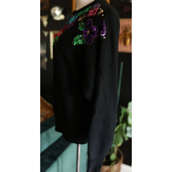 Vintage In Charge Black Floral Sequin Sweater Lambswool Angora Medium 80s - Picture 9 of 11